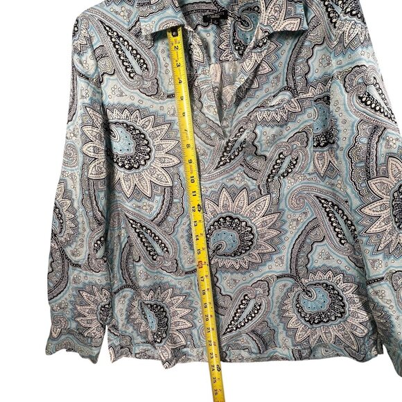 Talbots Paisley Silk Blouse Sz 8 Long Sleeve Turquoise Blue Retro V-Neck Collar - Picture 11 of 11